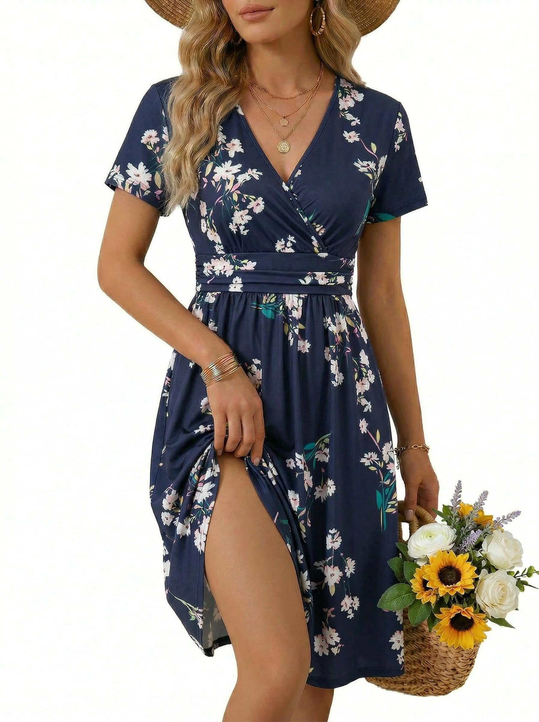 OUGES Casual Summer Dress for Women Wrap V Neck A Line Midi Dresses with Pockets