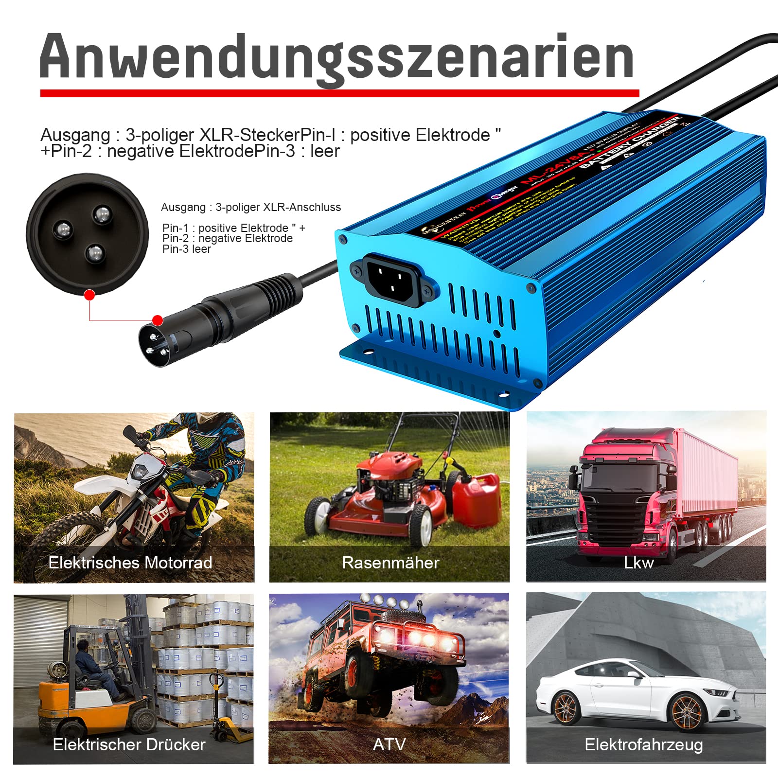 Caricabatterie automatico intelligente da 24 V, 8 Amp, con connettore XLR per scooter, sedia a rotelle, auto, moto, con interruttore