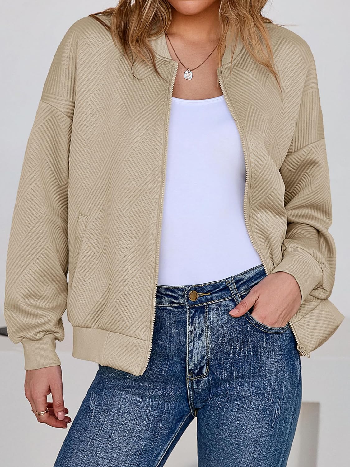 Tankaneo Womens Bomber Jacket Zip Up Casual Jackets Lightweight Trendy Outerwear Coat with Pockets - Image 2