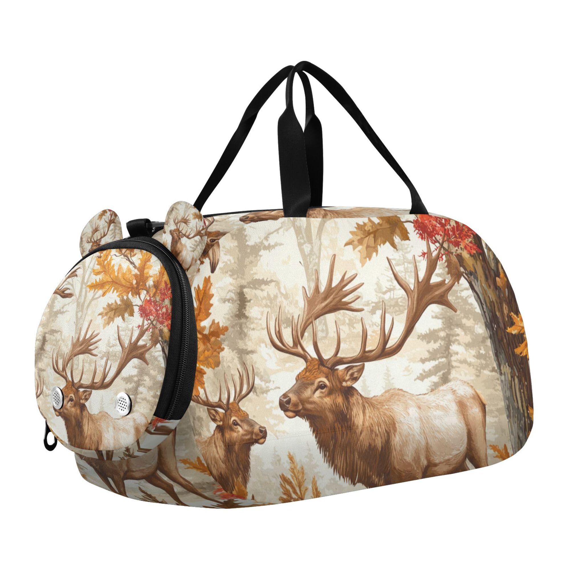 Glaphy Autumn Forest Moose Trees Duffle Bag for Toddler Boys Girls, Gym Sports Bag with Shoe Compartments, Kids Travel Overnight Weekender Shoulder Bag