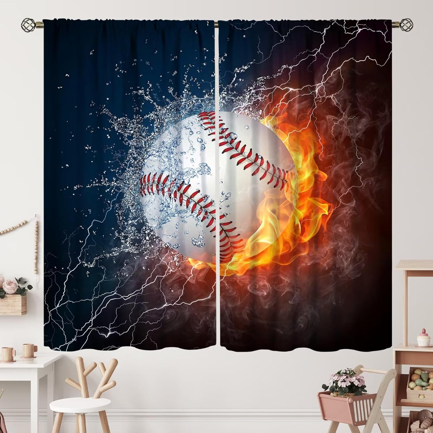 Baseball Curtains Sports Theme Ball in Fire Water Flame Lightening Men Boys Kids Curtain with Rod Pocket for Bedroom Living Room Home Drapes Window Treatments 2 Panels Set 42" W X 54" L