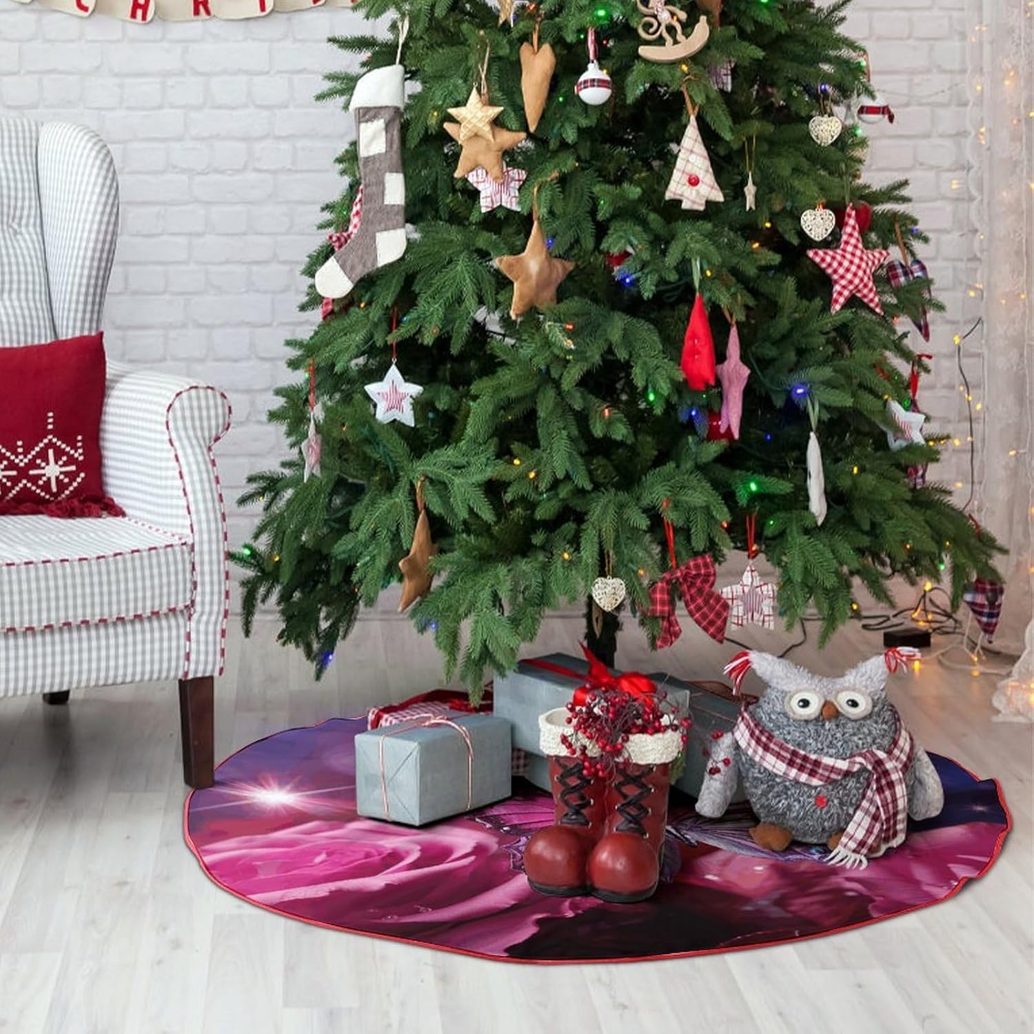 Christmas Tree Skirt,for Xmas Tree Holiday Party Decorations Butterfly Printed Christmas Tree Mat Red Lace-up Christmas Tree Dress