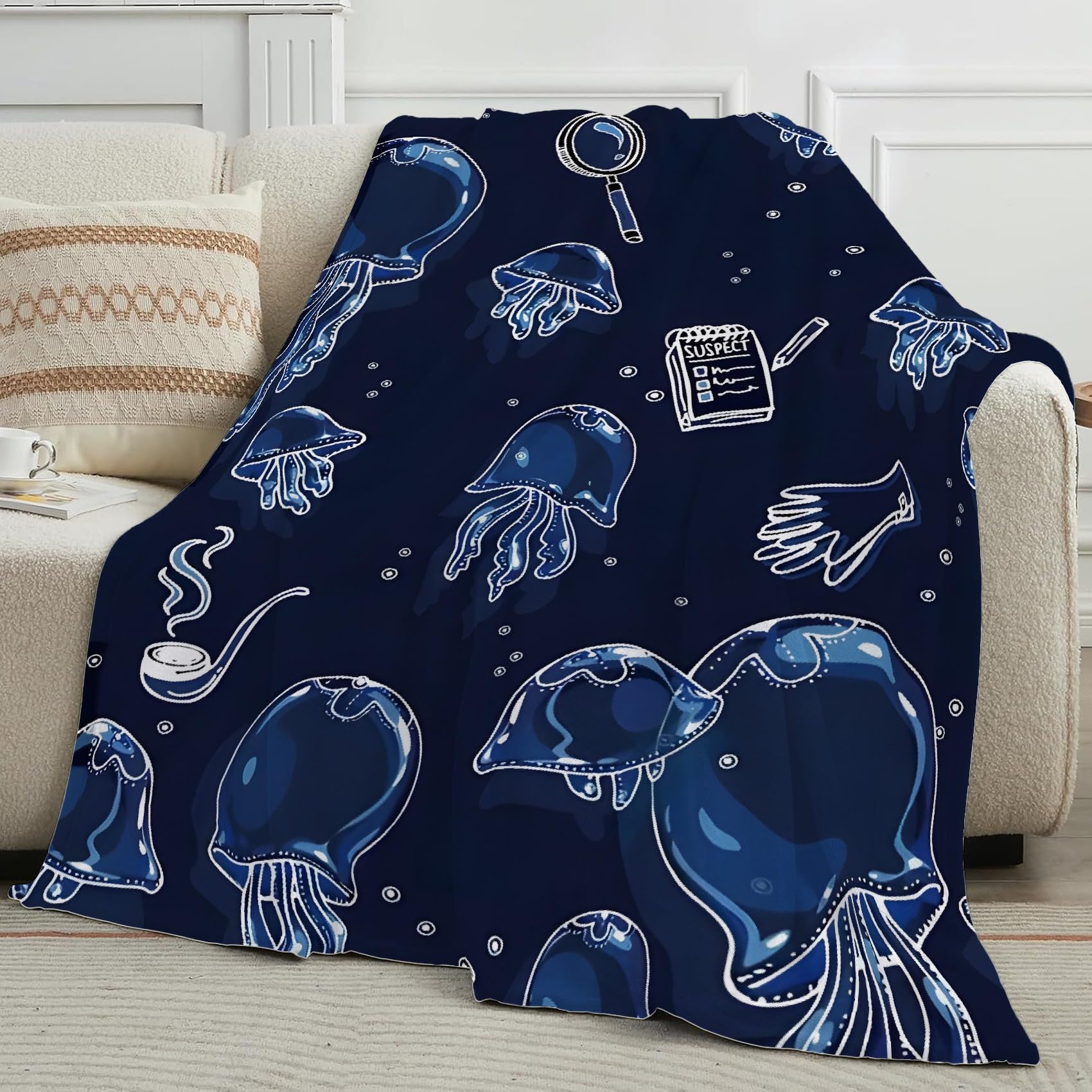 Qualle Przytulny koc, w stylu detektywistycznym, koc polarowy z mikrofibry, przytulny, nadaje się do salonu i sypialni, dekoracja domu, 220 x 240 cm