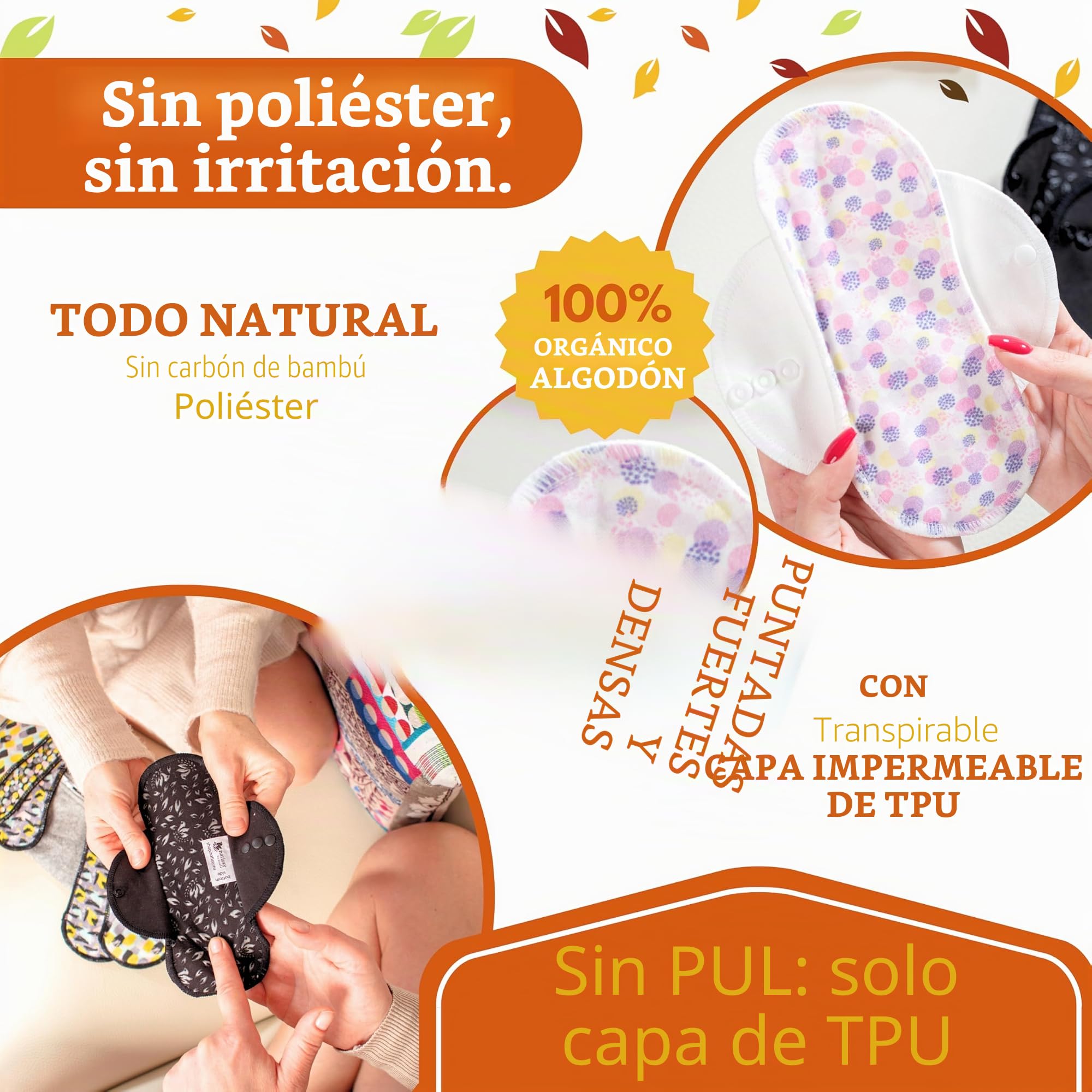 Natissy Compresas Reutilizables de Algodón Orgánico para Mujer y Adolescente, Lavables, Suaves, No Irritantes y Reutilizables - Pack 6 Tallas S+M - Made in EU