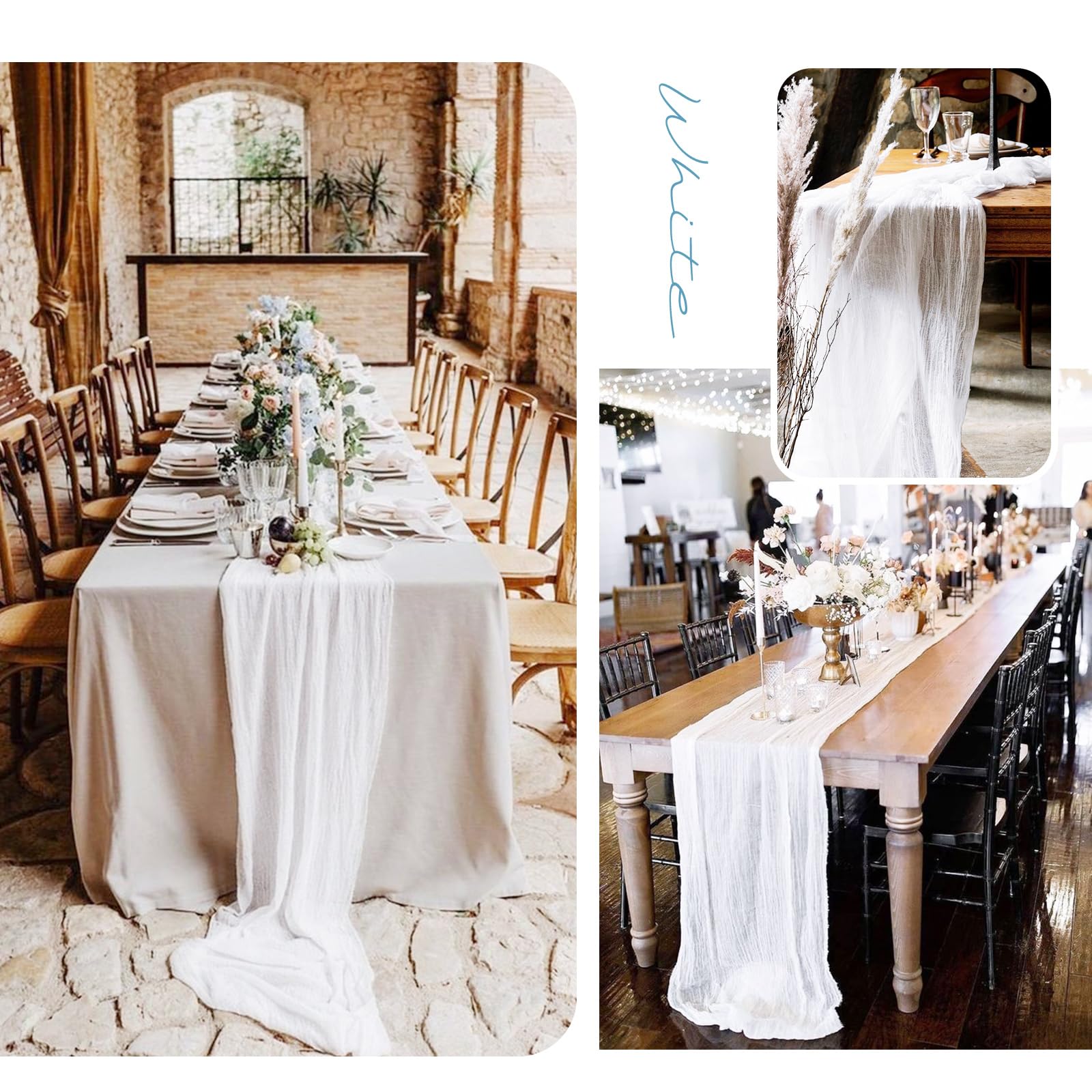 Pesonlook Lot de 10 chemins de Table en étamine Blanche, Chemin de Table en Gaze de 10 Pieds, Chemin de Table Semi-Transparent en Tissu étamine pour réception de Mariage, Mariage Rustique bohème