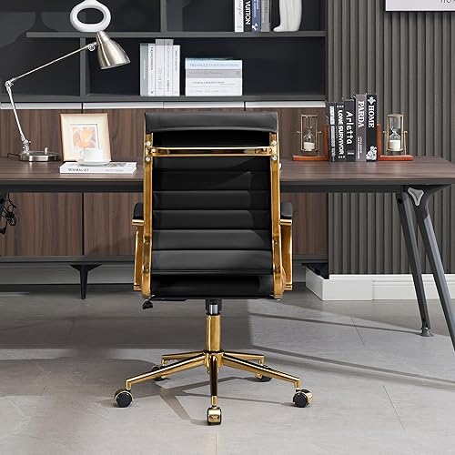 Miniatura 8 de Okeysen Silla de escritorio de oficina dorada, sillas ergonómicas de cuero modernas para sala de conferencias, silla ejecutiva acanalada ajustable