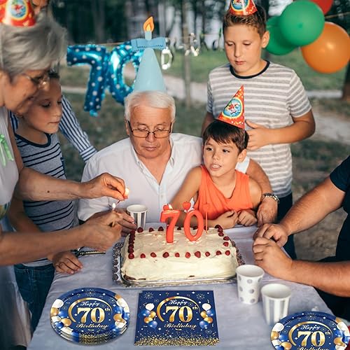 Miniatura 5 de 40 unidades, 40 unidades, decoraciones de cumpleaños n. 70 para hombres, azul marino y dorado, incluye platos, servilletas para decoración de fiesta