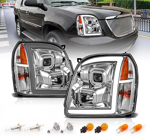 AmeriLite - Juego de faros delanteros para modelos 2007-2014 de GMC Yukon/Yukon XL Denali/Yukon, reflector de tubo cuadrado LED cromado - Lado del