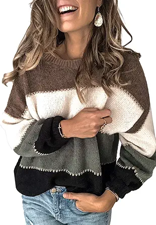 Angashion Women's Sweaters Casual Long Sleeve Crewneck Color Block Patchwork Pullover Knit Sweater Tops