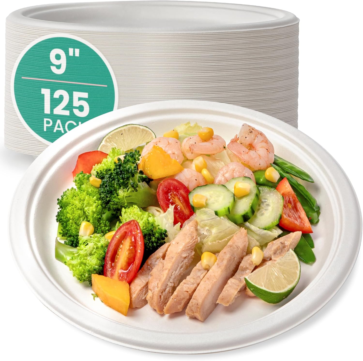 Fit Meal Prep 125 Pack Compostable Paper Plates, 9″ Biodegradable Round Plates, Heavy Duty Eco Friendly Disposable Sugarcane Plate for Dinner, Party, Wedding, Freezer Microwave Safe, White