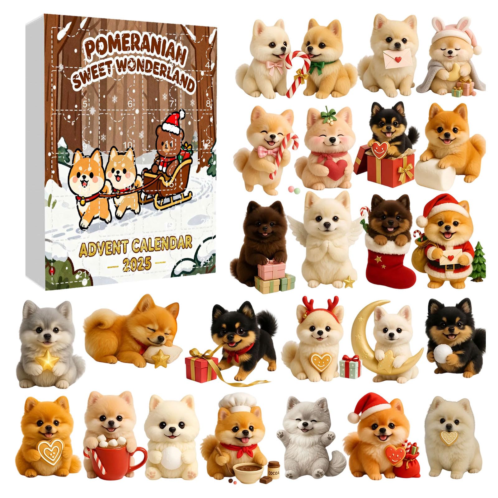 Calendario Dell'avvento 2025 Pomerania Wonderland - 24 Finestrelle Con Statuette Di Cane Pomerania, Decorazione Natalizia Per Amanti Degli Animali