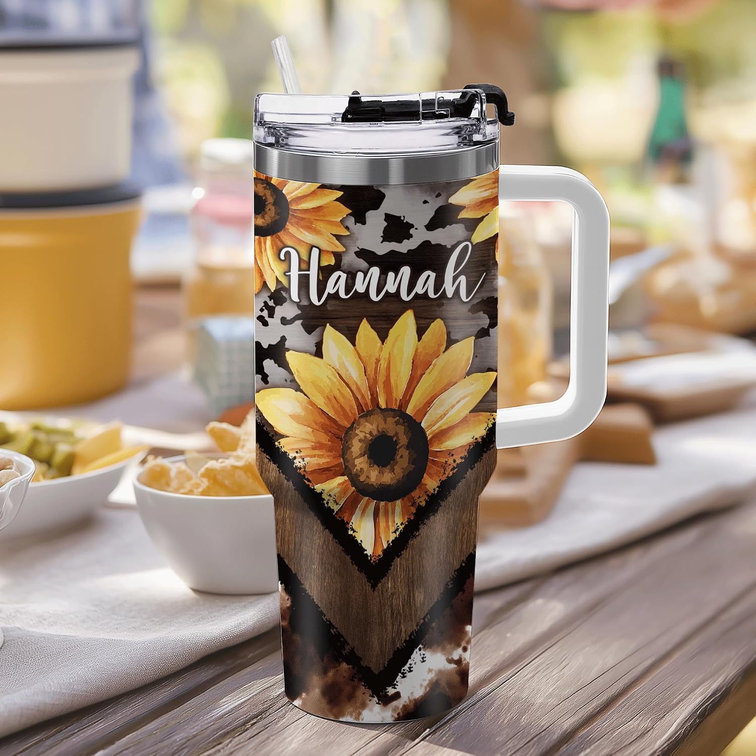 Hyturtle Personalized Sunflower Cow Print 40oz Tumbler with Handle and Straw Gifts, Rustic Cowhide Gifts For Women, Birthday Mothers Day Gift Ideas Insulated Stainless Steel Travel Cup With Lid