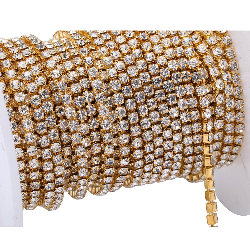 Aketek 10 Yard Crystal Rhinestone Close Chain Clear Trim Sewing Craft 2mm Gold color