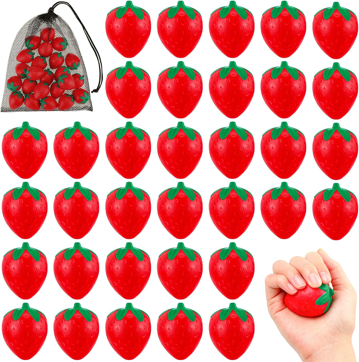 Geosar 50 Pcs 2 Inch Strawberry Stress Balls Mini Foam Strawberry Stretchy Toys Fruit Party Favor Stress Relief Fidget Toy with Storage Bag for School Birthday Gift Bag Filler