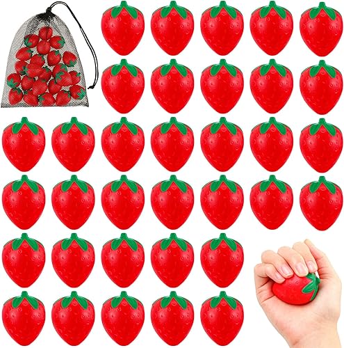 Geosar 50 unidades de 2 pulgadas de fresa, bolas de estrés, mini espuma de fresa, juguetes elásticos para fiesta de frutas, juguete para aliviar