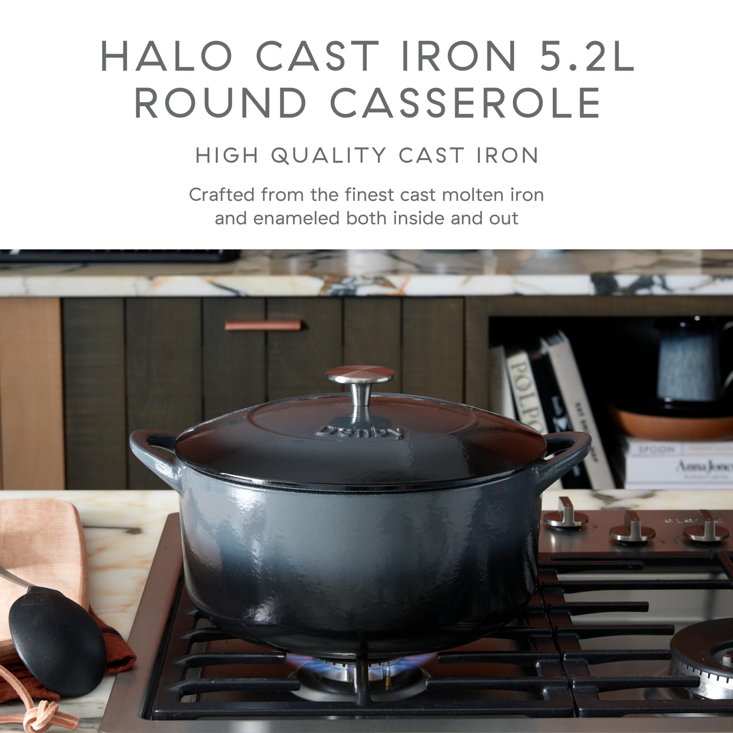 Denby - Halo Black Cast Iron Casserole Dish - Dutch Oven, Round Oven Safe Pot, Enamelled - 5.4L Capacity, 10in - Serves 6 People