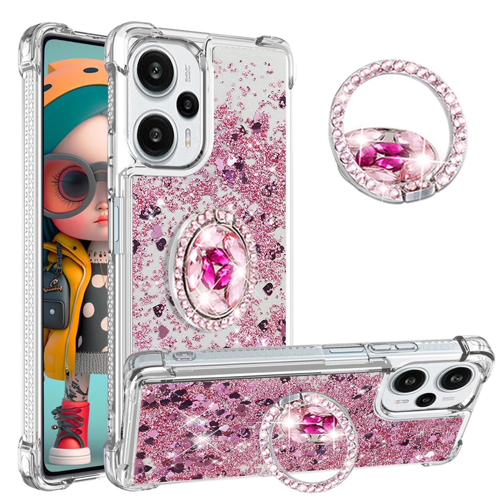 Ysnzaq Liquid Case for Xiaomi Poco F5 6.67", Soft Silicone TPU Glitter Cover Bling Sparkle Quicksand Flowing Shockproof with Kickstand Case for Xiaomi Poco F5.YBZ Rose Gold