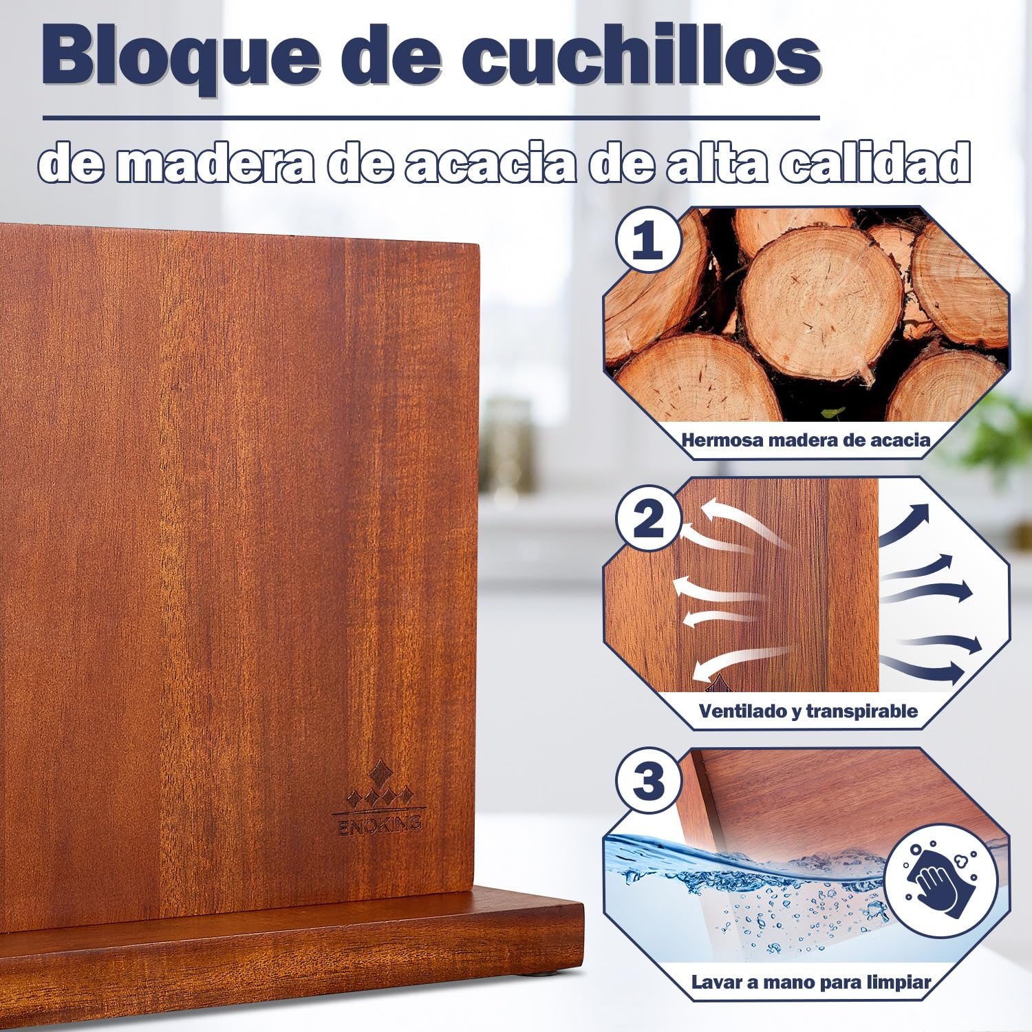 ENOKING Soporte Iman Cuchillos De Cocina, Bloque MagnéTico Doble Cara Para Utensilios Cocinero, Tacoma Sin Cuchillos De Acacia Para Cocina Para ExhibicióN Y Almacenamiento De Cubiertos
