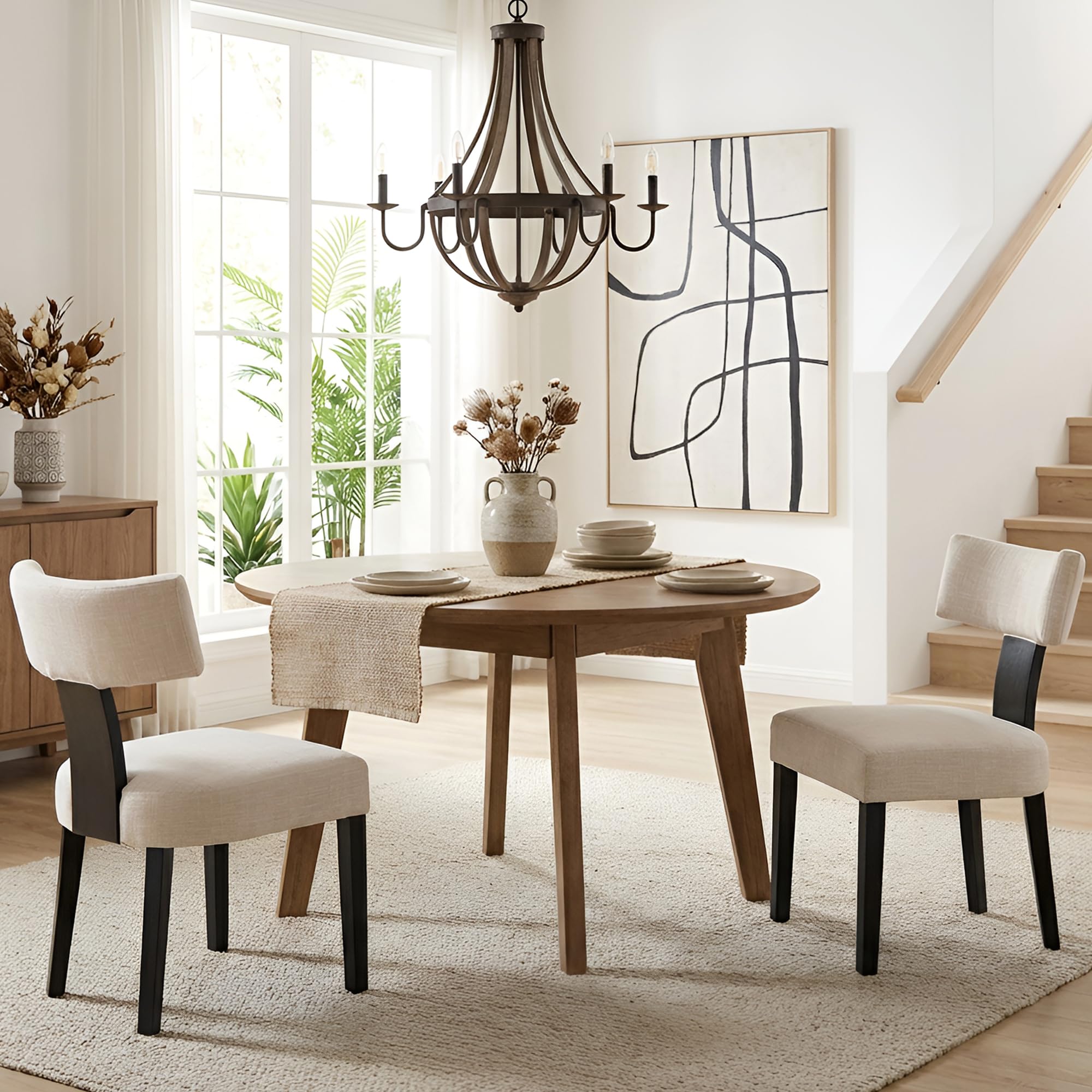 Wahson Farmhouse Dining Chairs Set of 2, Beige Upholstered Mid Century Modern Kitchen Chairs with Black Wooden Legs, Linen Fabric Dining Chairs with