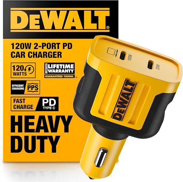 DEWALT Lourds USB C Chargeur de voiture, 120W 2-Port PD 3.0 Adaptateur de type C, PPS Chargement rapide avec/Power Delivery iPhone 17 16 15 14 13 Pro Max Mini Galaxy S22/S20/S10 Pixel iPad/iPad mini