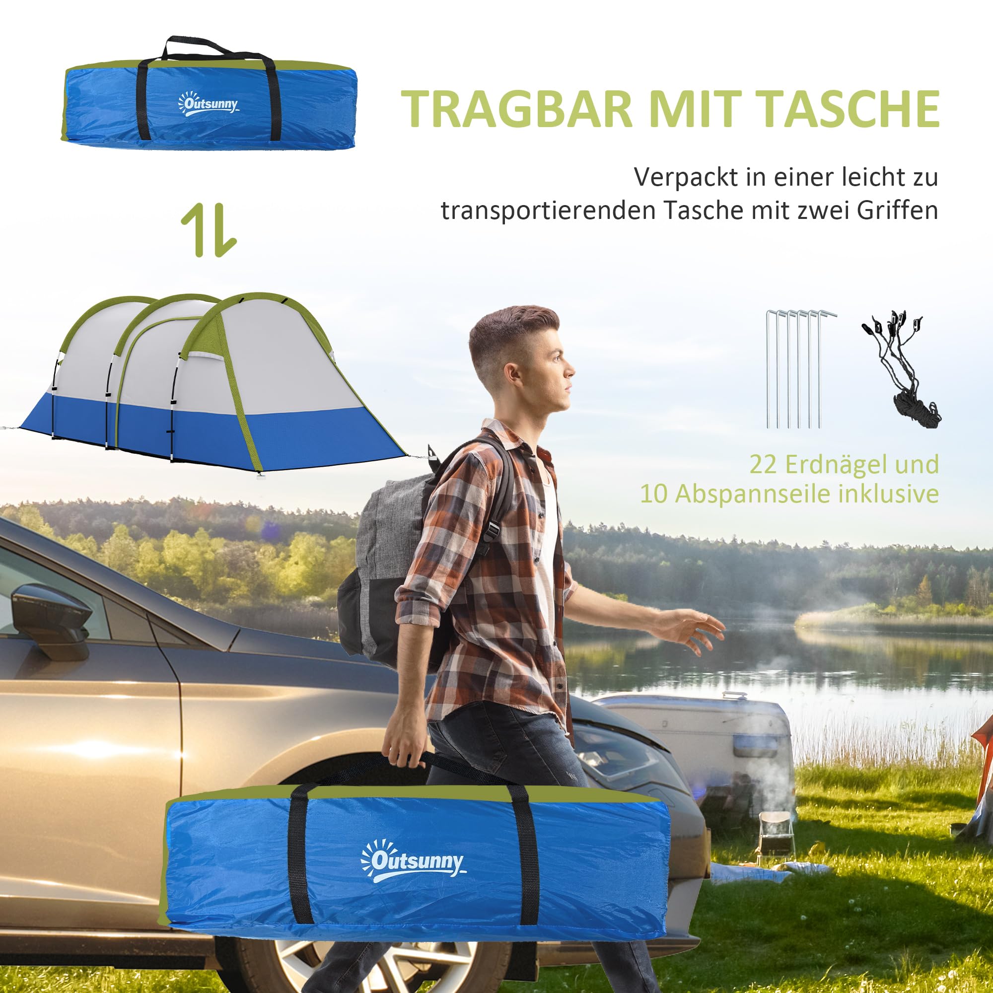 Outsunny Campingzelt, Tunnelzelt für 3 Personen, mit Lichthaken, Vorzelt, 2 Räumen, Familienzelt mit Tragetasche, 2000mm Wasserabweisend Pop Up Zelt für Camping, Garten