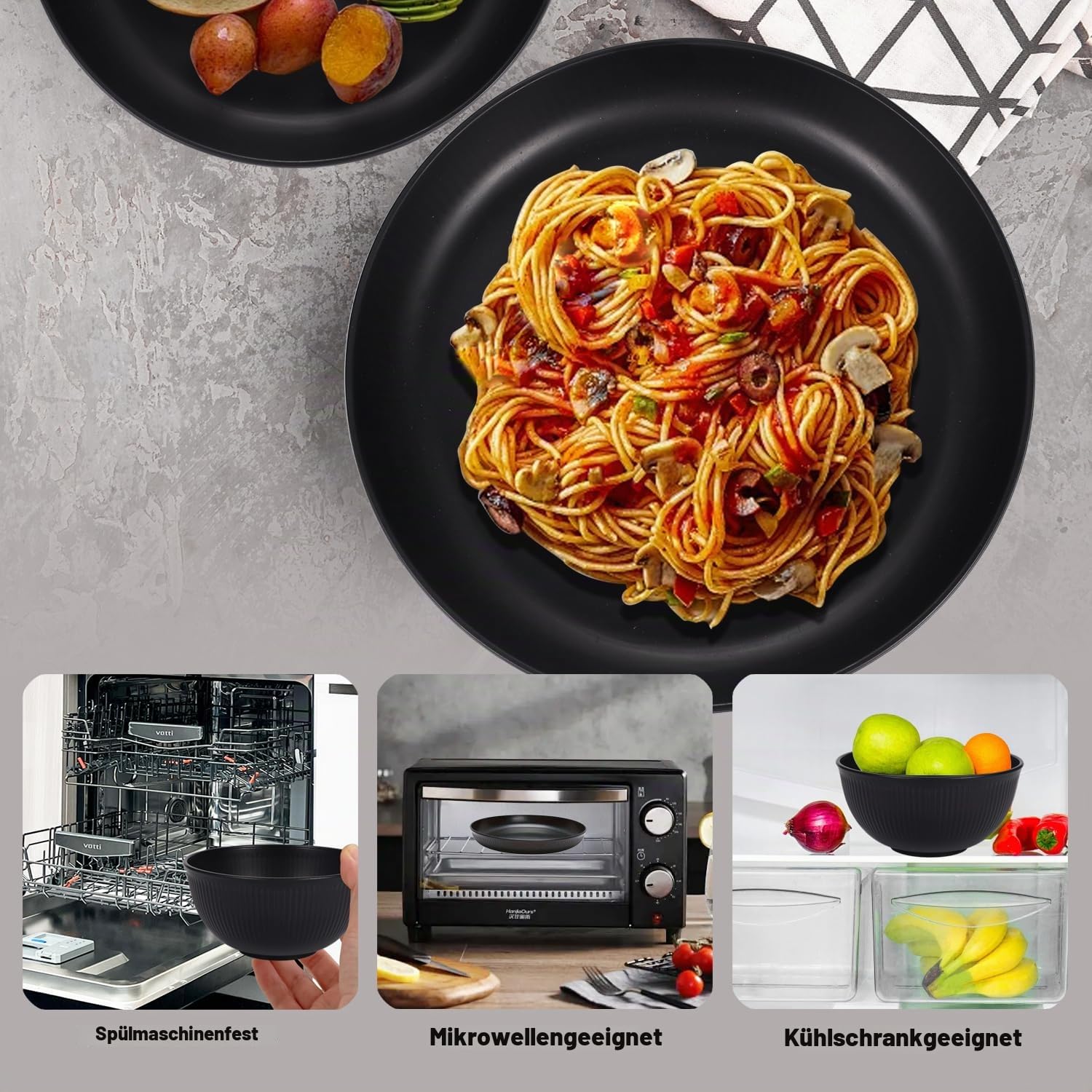 Camping Teller, Picknick Geschirr Sets 6 personen, Camping Zubehör aus Kunststoff für Party, Zuhause, Picknick, leichtes, mikrowellen- und spülmaschinenfestes (18, Black)