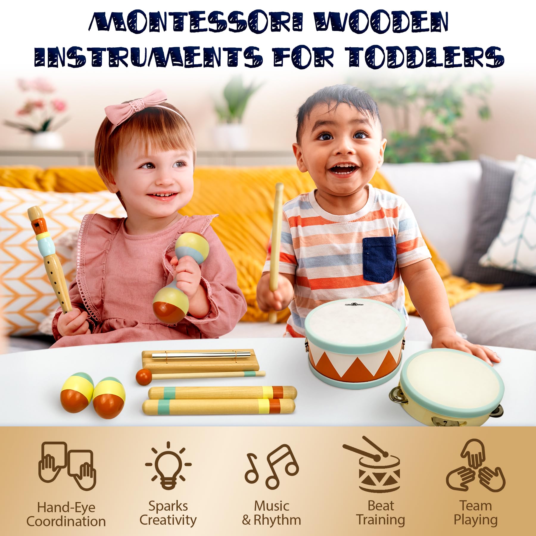Instrumentos musicales para niños pequeños – Juguetes musicales de madera Montessori para niños pequeños de 1 a 3 años | Juego de batería para bebé bohemio moderno con instrumentos de 6