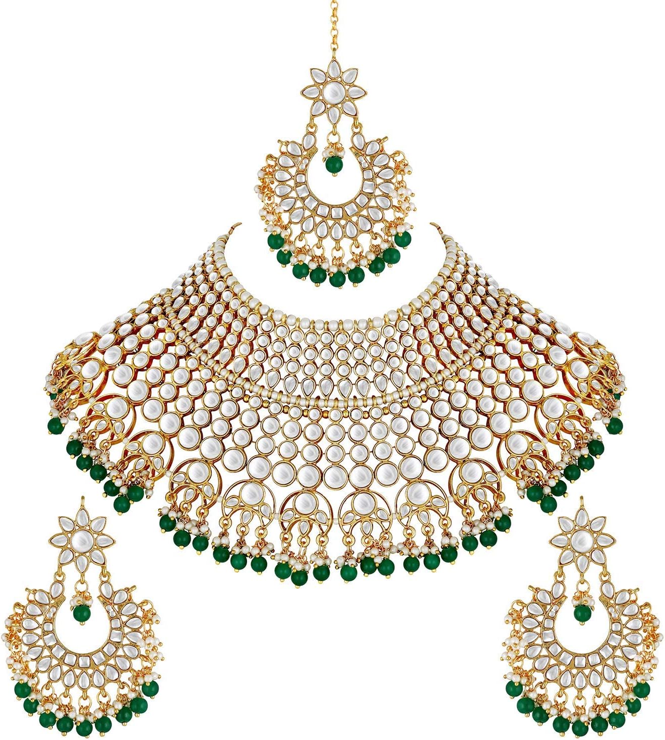 Aheli Wedding Designer Gold Tone Faux Kundan Studded Choker Necklace With Maang Tikka Set Indian Ethnic Fashion Jewelry Gift for Women Aheli Wedding Designer Gold Tone Faux Kundan Studded Choker Necklace With Maang Tikka Set Indian Ethnic Fashion Jewelry Gift for Women