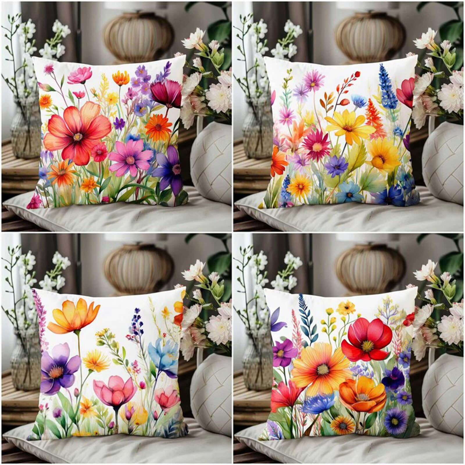 Heaen Outdoor Cushions Covers Waterproof 35x35 cm Set of 4 Square Linen Pillow Cases Pink Yellow Wildflowers Decorative Dushions for Sofa Porch Patio Home Decor