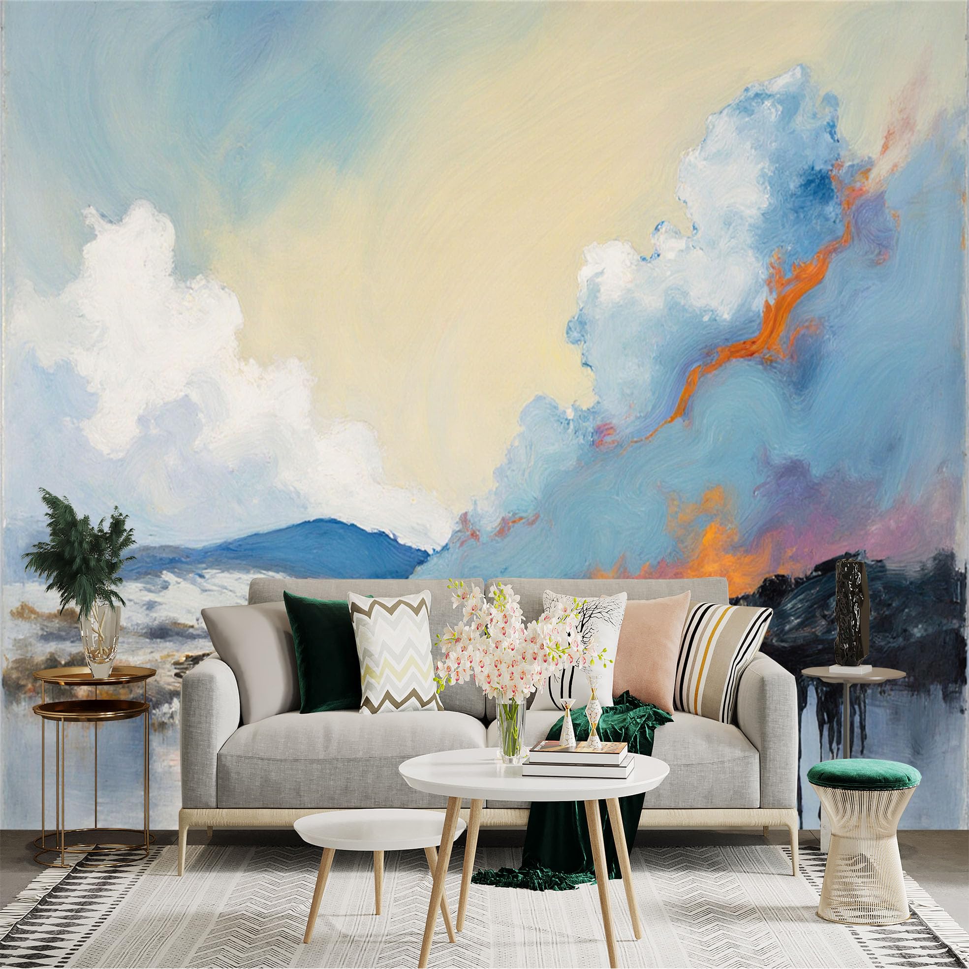 Custom Size Wall Sticker Mural， Abstract Landscape with Lake， Mountains and Colorful Clouds at Sunset， for wall Decoration， peelandstick wall Decals.