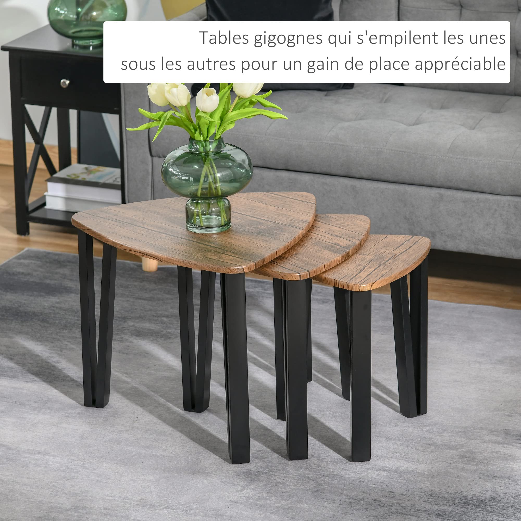 HOMCOM Ensemble de 3 Tables Basses gigognes encastrables Style Industriel piètements métal Noir en épingle Plateaux Aspect Bois de Noyer