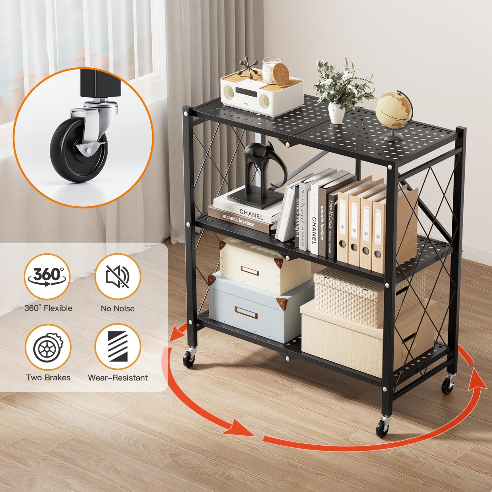 Bibliothèque Mobile Pratique Étagère Métallique 3 Niveaux Avec Roulettes - Noir 71,5x30,5x87 Cm | Pliable Sans Outil étagère Pliante Rangement Pratique