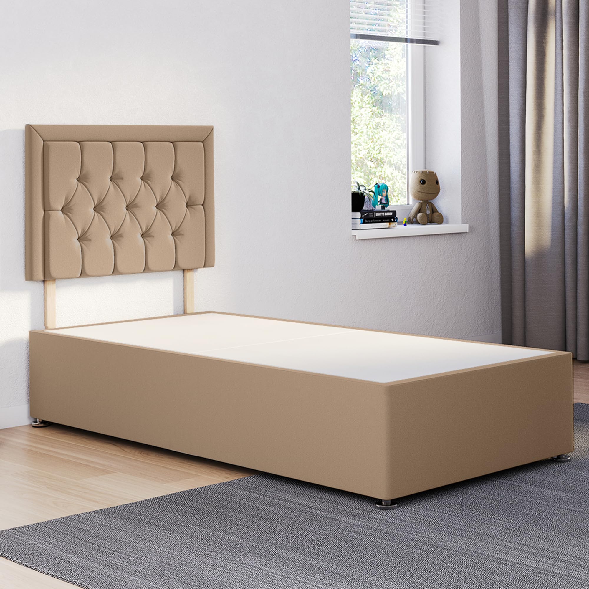 ComfoRest - Modern 3FT Single Divan Bed Base with Sarah Headboard | Practical Frame for Compact Living | Great Fit for Student Areas, Guest Spots or Spare Room – No Mattress, No Drawers (Mink Plush)