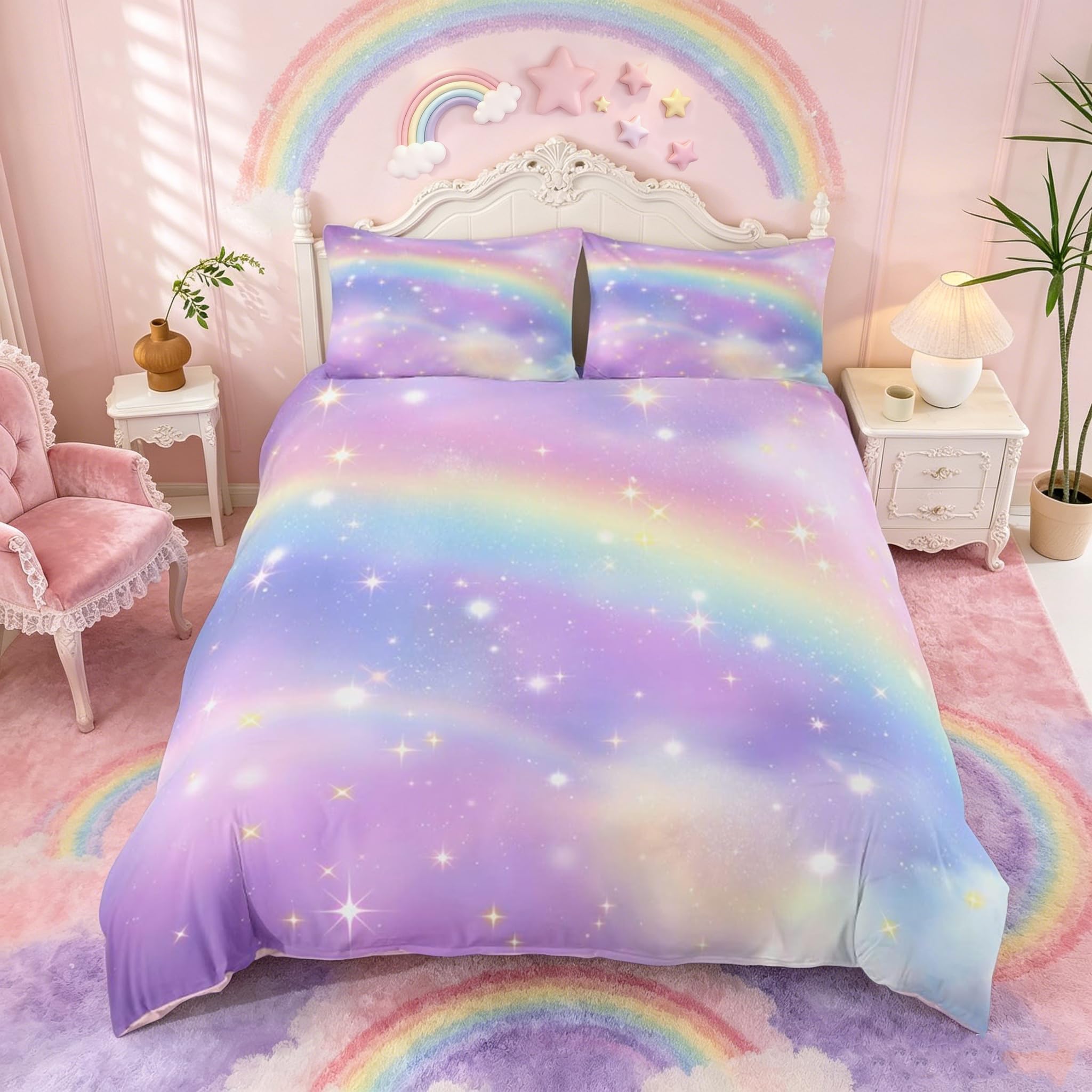 Loussiesd Rainbow Bedding Set Single Duvet Cover Set Girls Bed Set for Kids Cute Soft Zipper Quilt Covers Galaxy Tie Dye Duvet Cover with 1 Pillowcase