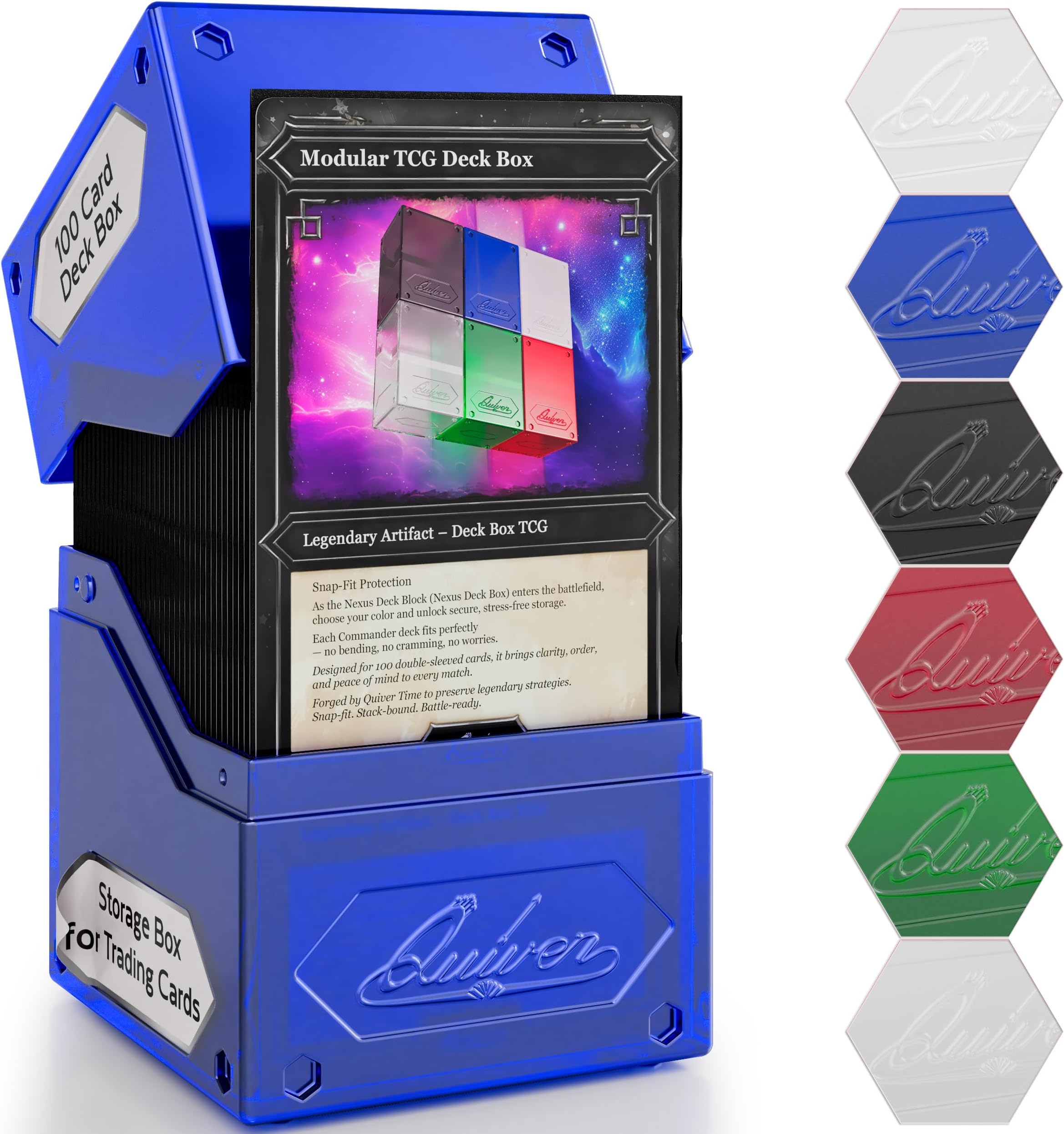 Quiver Time 360° Modular Nexus DeckBlock - Durable Stackable MTG Deck Box for Commander fits 100+ Cards | Stylish 100 Card Deck Box MTG | Interchangeable TCG Decks Boxes (1 pcs, Blue)