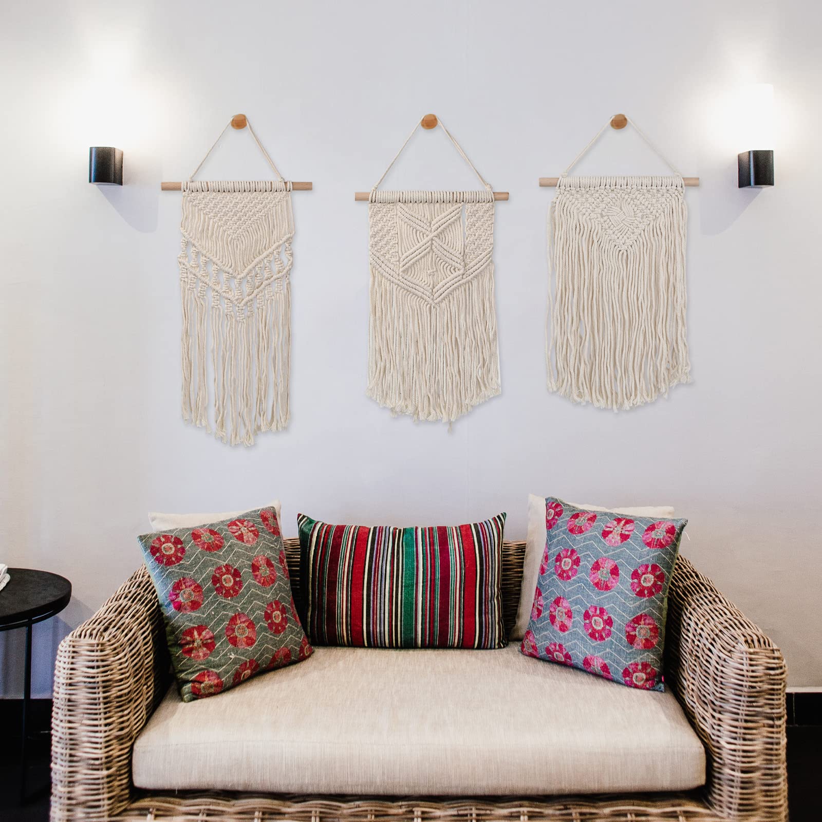 Lot De 3 Tentures Murales Macramé Mini - Décoration Bohème En Coton, Avec Baguettes En Bois