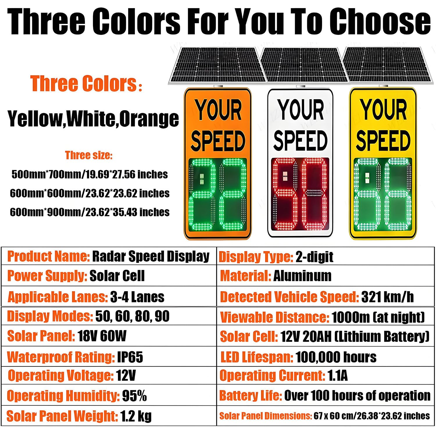 Señal de límite de velocidad con radar solar, pantalla LED, detector de radar solar, señales de tráfico de aluminio resistentes a la intemperie con kit de montaje y control remoto. Orange-50*70cm