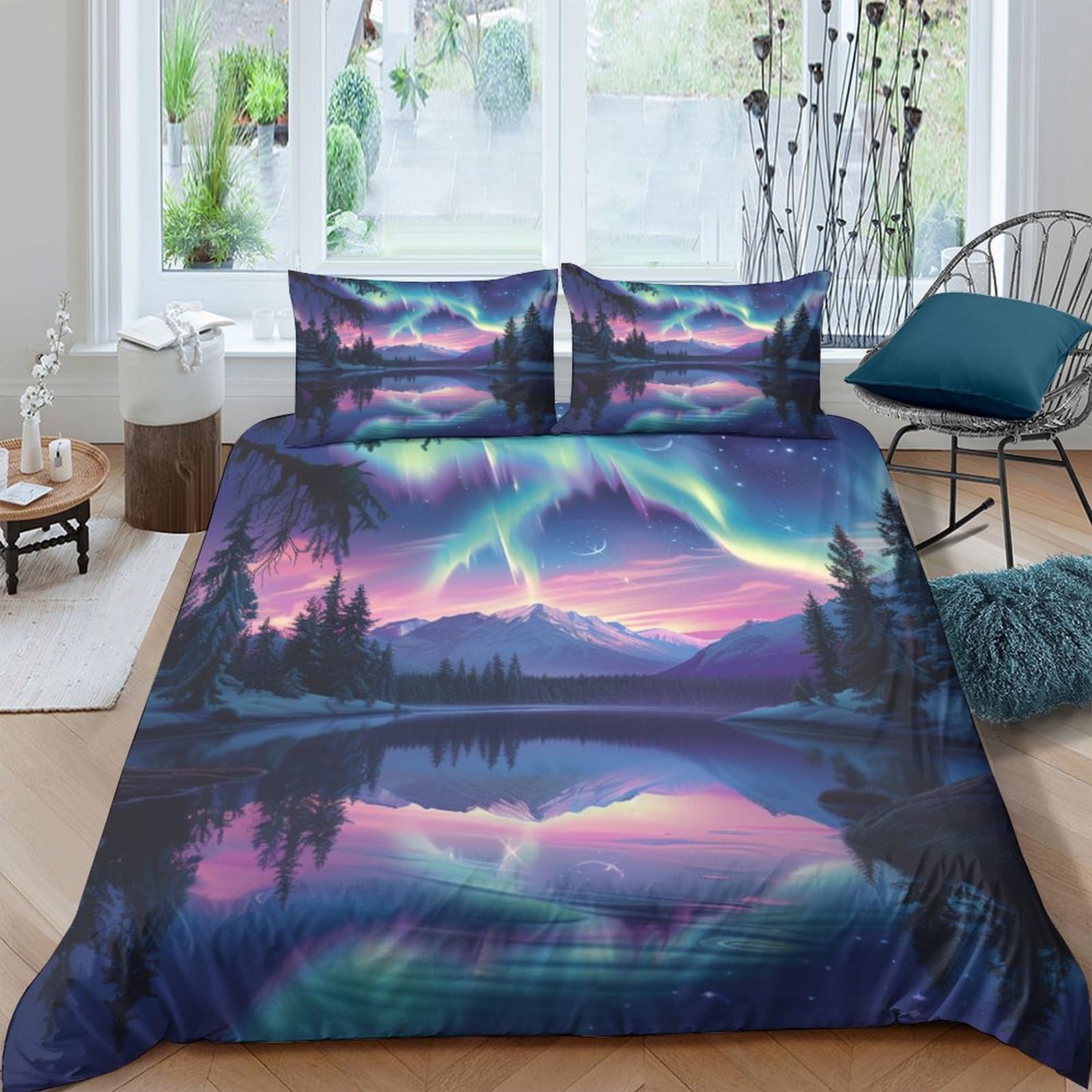 Stampato in 3D Aurora norvegese Copertina Stampata Microfibra Disegnata Biancheria Da Letto Stile Morbido Con 2 Federe,Double（200x200cm）, Per Ragazzi Adulti