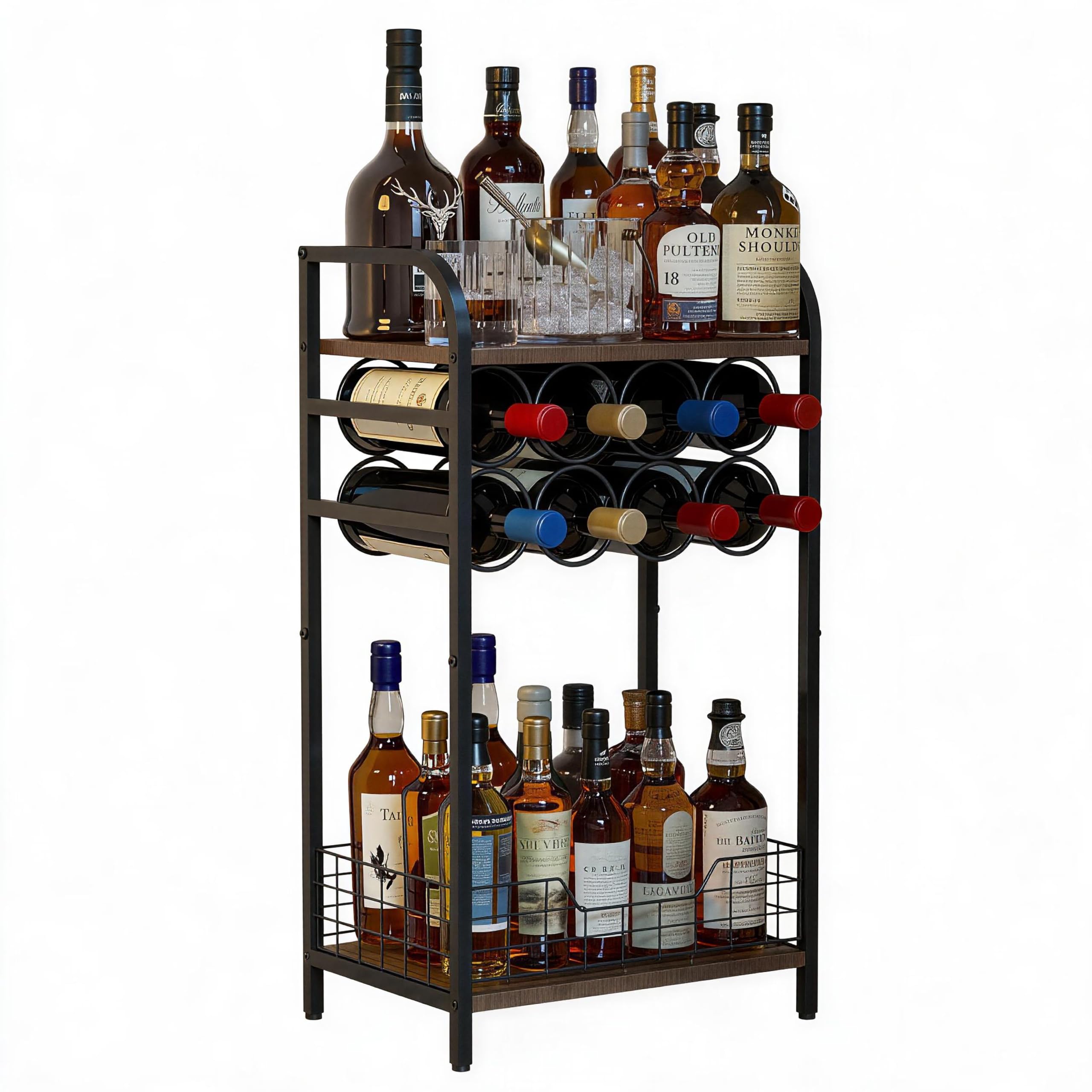 Three-Tier Wine Rack Bar Cabinet with Wood and Metal Frame