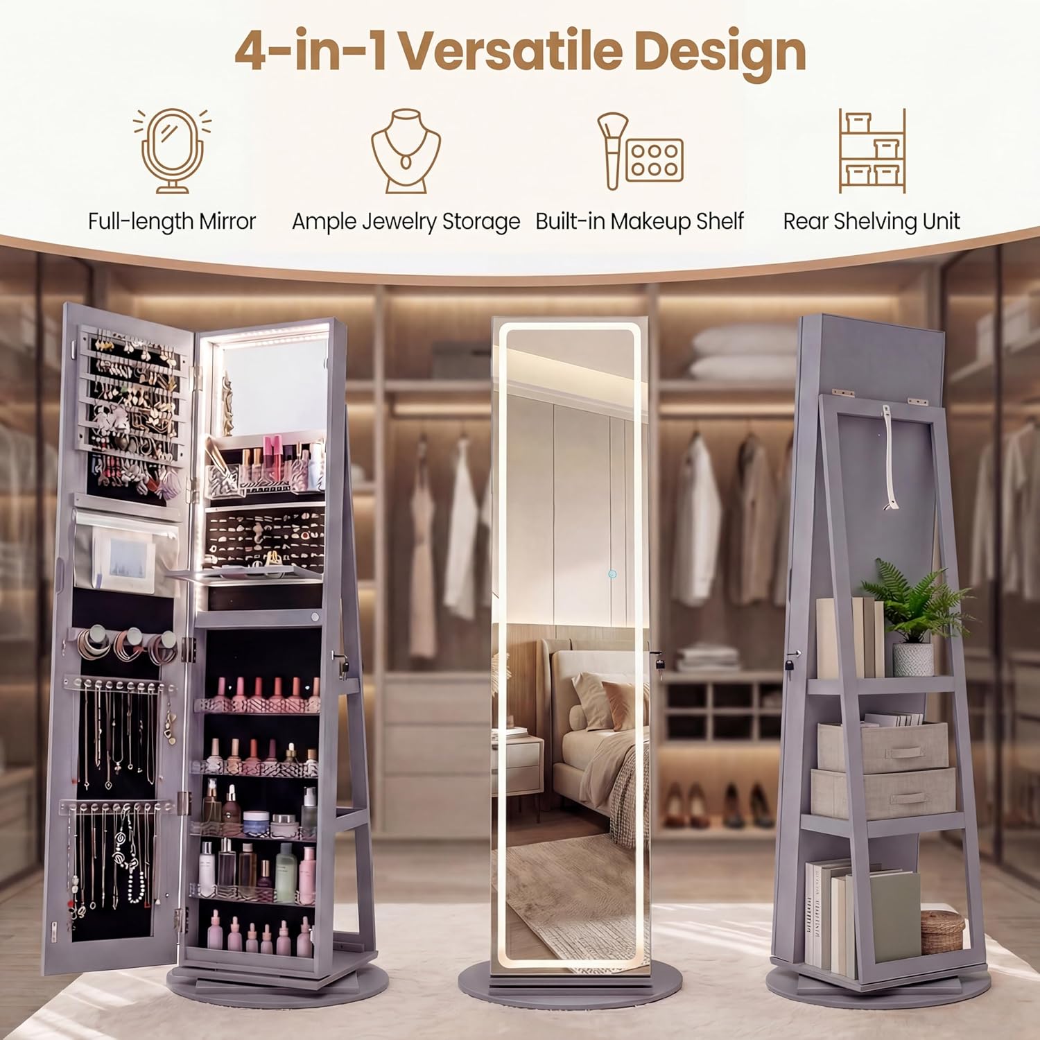 LOKO 360° Swivel Jewelry Cabinet with 3-color LED Lights, Lockable Jewelry Armoire Organizer with Full-Length Mirror, Makeup Mirror & Foldable Makeup Shelf, for Women, Gift (Grey)