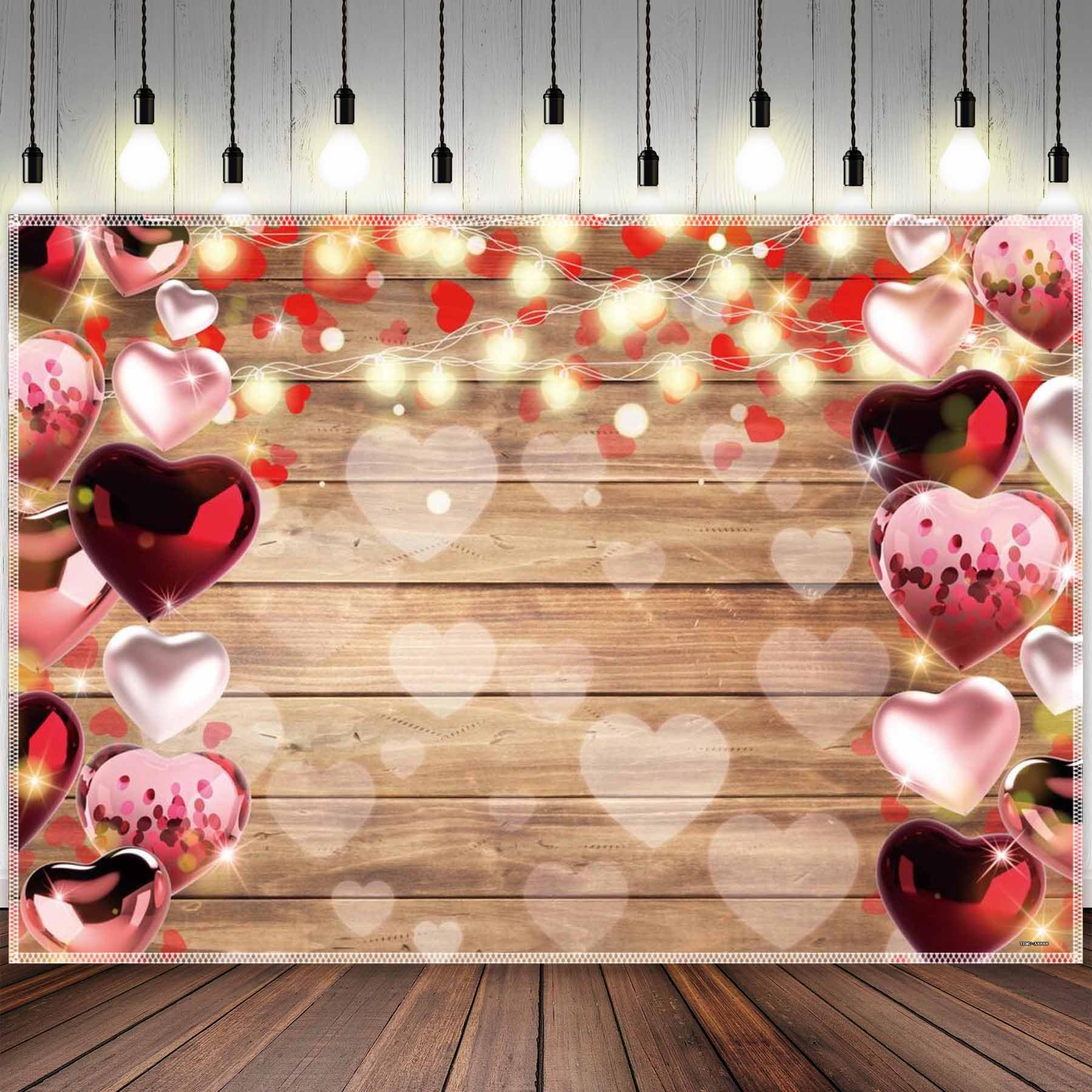 Vintage Wood Photo Backdrop - Red Love Heart Valentine's Day Photography Background 5x3ft