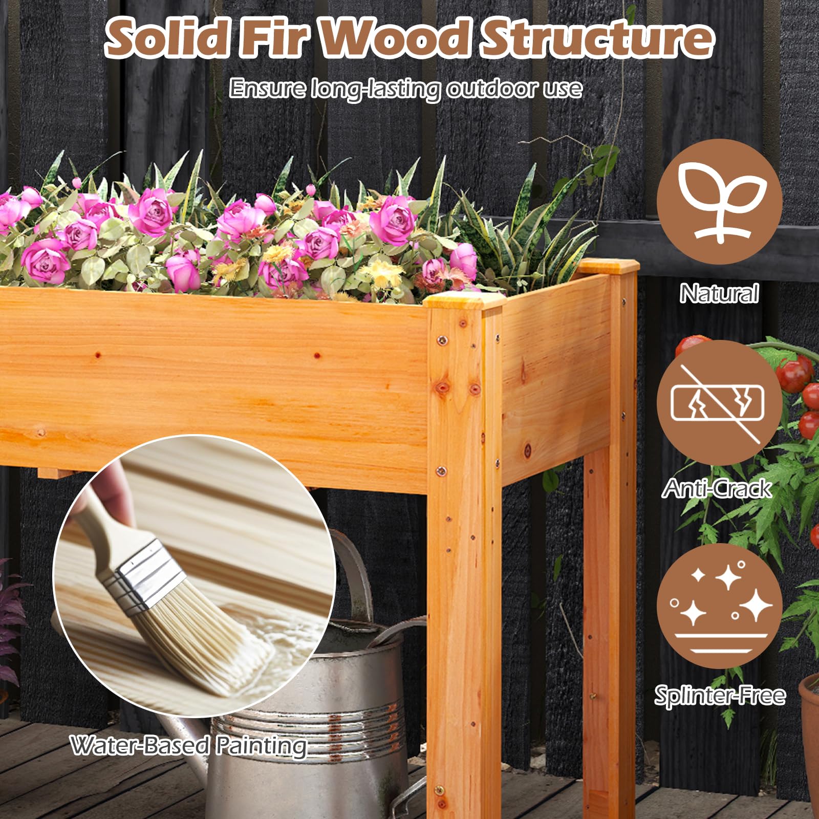 HOMASIS Huerto Urbano de Madera Abeto, 120 x 60 x 81 cm, Jardinera Elevada Terraza Exterior con Orificio de Drenaje, Compartimento de Almacenamiento, para Jardín, Balcón, Casa (marrón Rojizo)