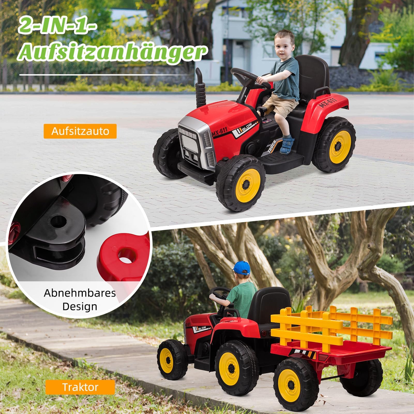 12V Tracteur électrique Enfants, avec Remorque Amovible, Voiture électrique Enfants pour 3 à 8 Ans, avec Télécommande, Musique & MP3, 3 Vitesses, Rouge