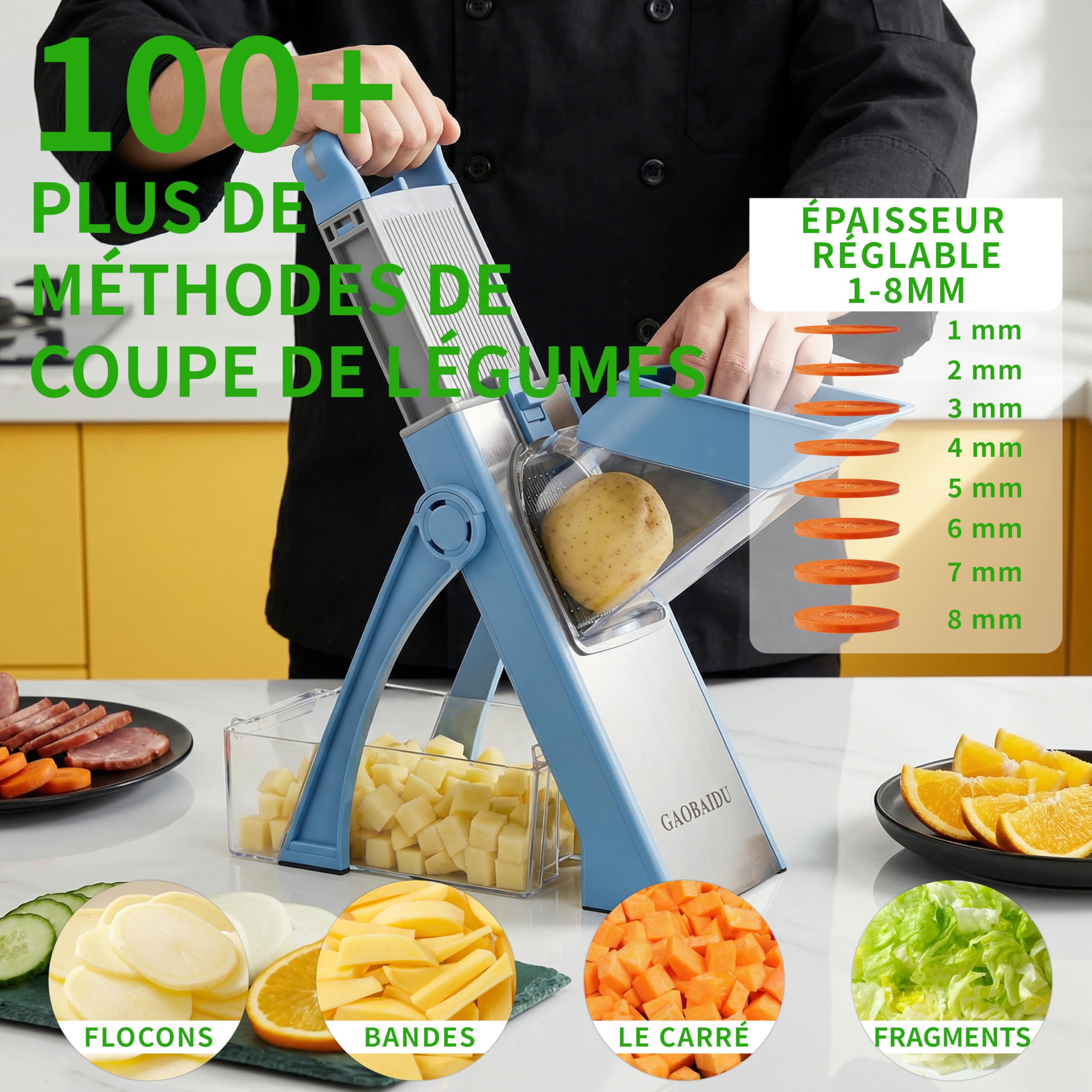 Mandoline de Cuisine Safety Slicer Manuelle Multifonction Tous Coupe Légumes Lame en Acier Inoxydable, Coupe Légumes en Julienne, Cubes et Patate Frite (bleu grand)