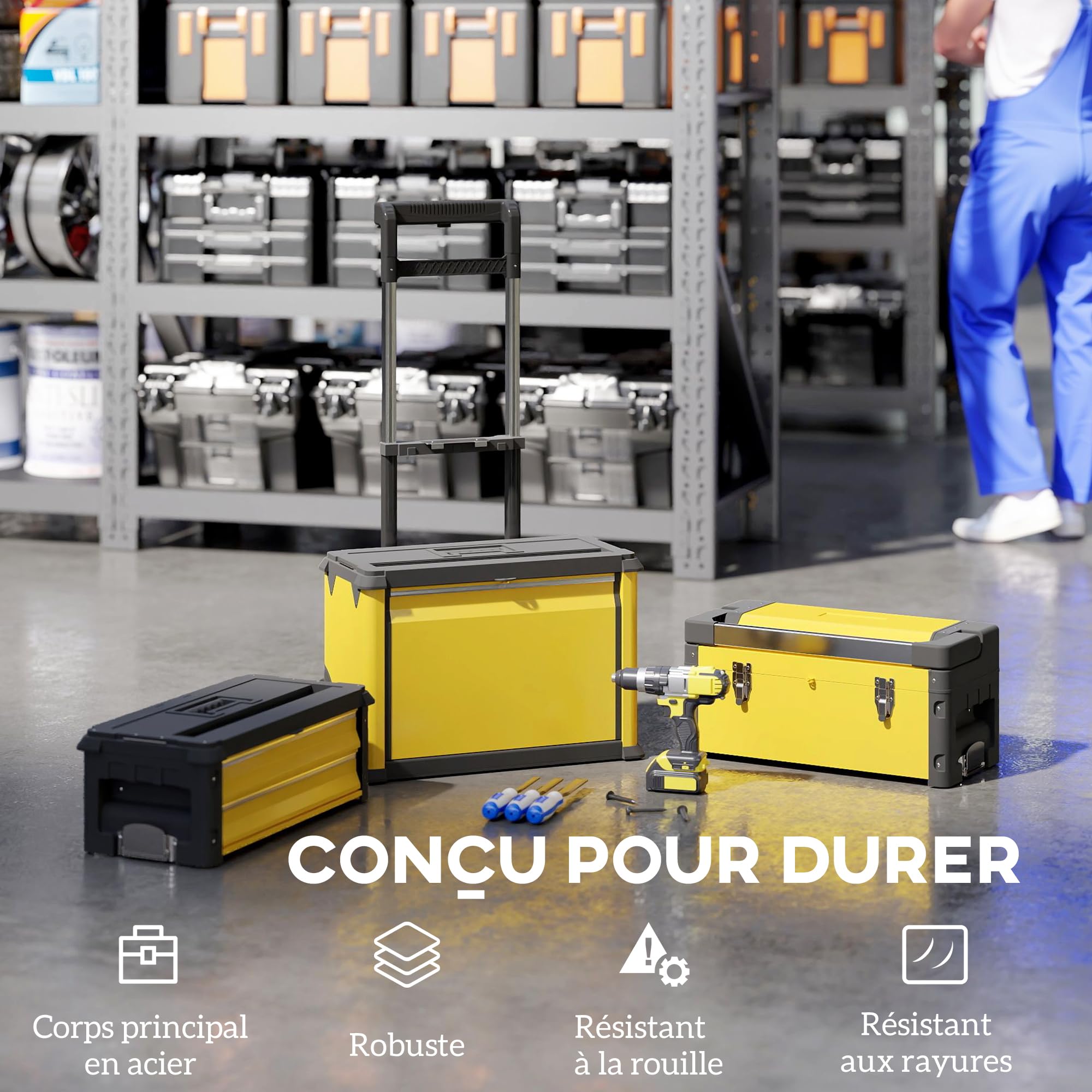 HOMCOM Set di 3 cassette portautensili su ruote impilabili e modulari per officina trolley in acciaio con vassoio, maniglie e serratura, per garage e magazzino, colore giallo