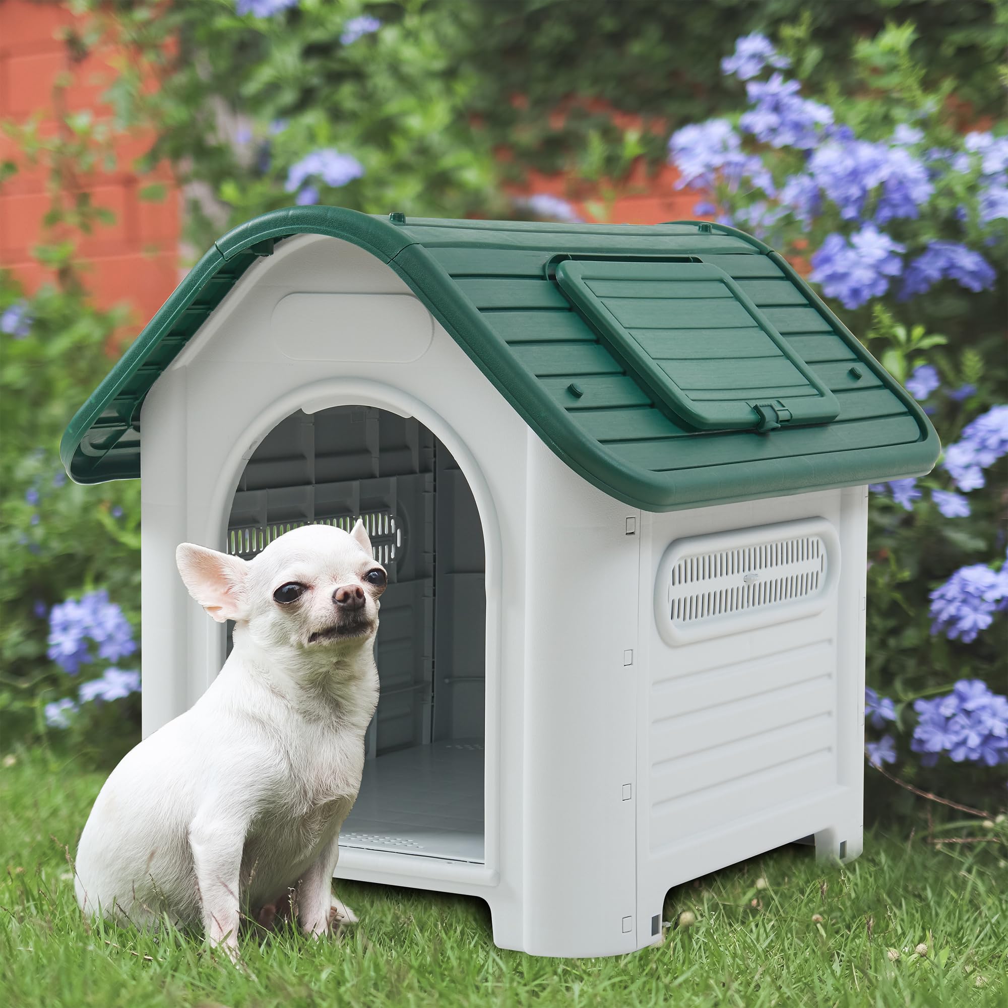 [en.casa] Hundehütte Outdoor Bello Hundehöhle wetterfest Hundehaus mit Dachluke und Lüftungsschlitzen 87 x 72 x 75 cm Kleintierhaus erhöhter Boden Kunststoff Weiß/Grün