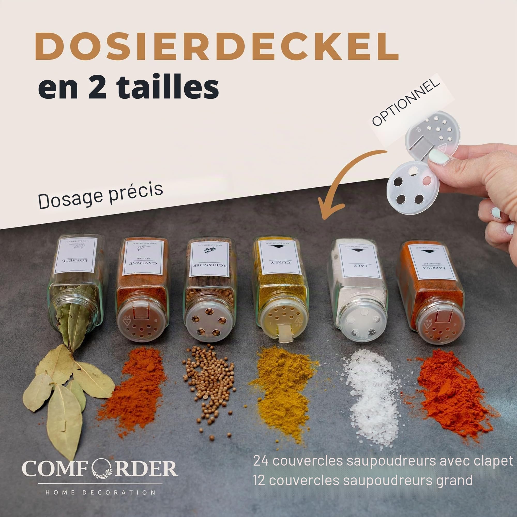 comforder Lot de 24 pots à épices carrés avec couvercles - 2 embouts de broyage et entonnoirs - 120 ml (bambou)