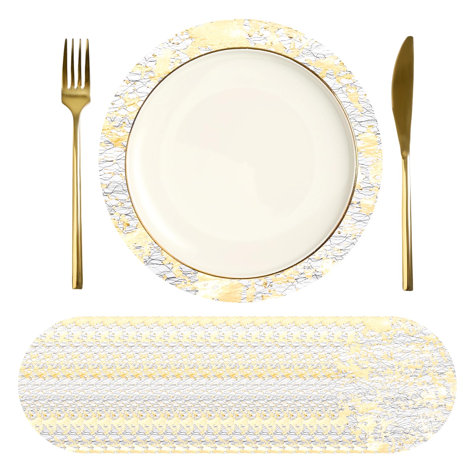 sourcing map 24Pcs Disposable Round Placemats, 10cm Chargers Place Mats Metallic Thin Mesh Table Mates Pressed Foil Table Doilies for Dining Table Wedding Birthday Party Home Decor, Black Gold