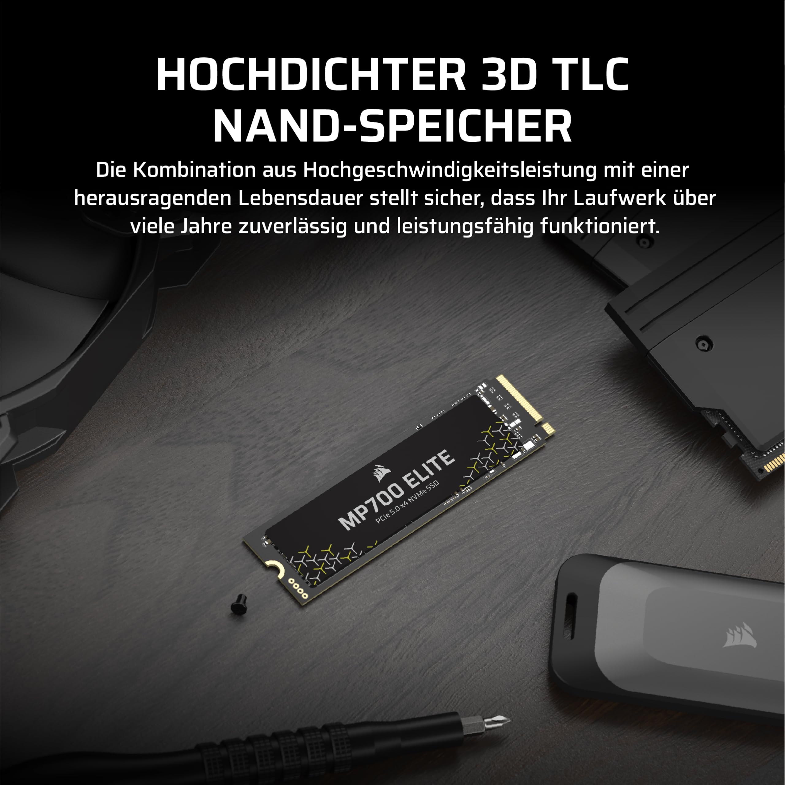 Corsair MP700 Elite 1TB PCIe 5.0 x4 NVMe M.2 SSD – Bis zu 10,000MB/sec – Hohe Dichte 3D TLC NAND – M.2 2280 – Kompatibel mit DirectStorage – Schwarz