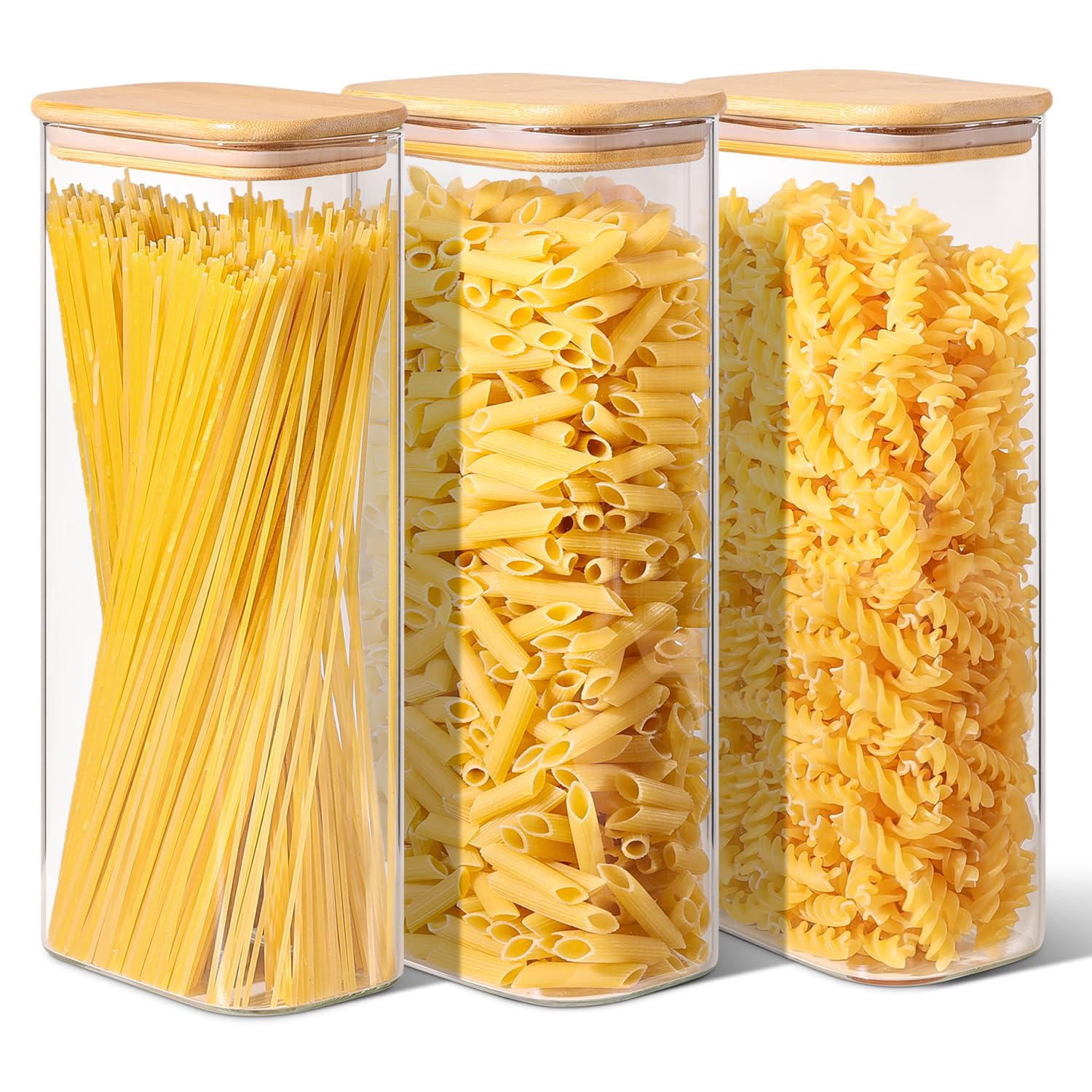 ComSaf Tarros de cristal con tapa 2,1 L, pack de 3 para cocina y despensa | Frascos de vidrio, Botes cocina almacenaje, Tapas de bambú, Pienso para perros, Hojas de té, Anís estrellado